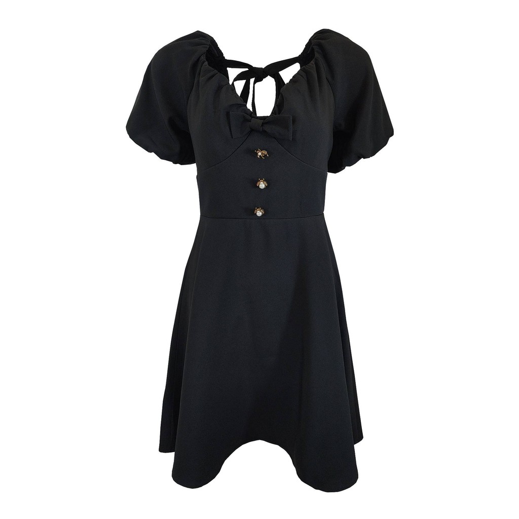 復古黑色泡泡袖後綁帶樓織洋裝, , large