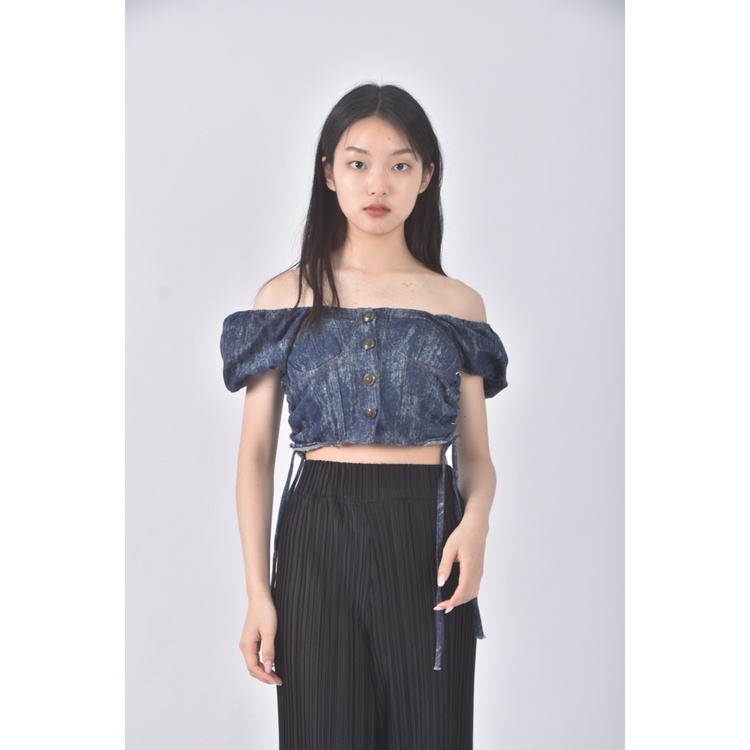 (S) jws丹寧牛仔質感藍色短袖上衣二手衣, , large