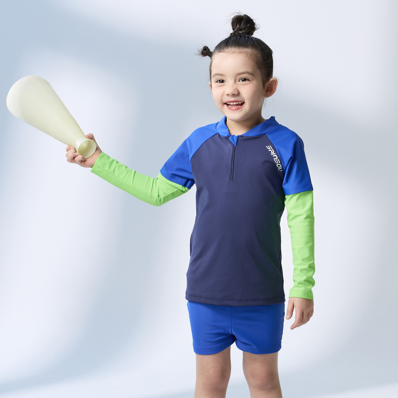 Monina Taiwan-made Long-sleeved, UV-protective two-piece swimsuit with blue fluorescent finish, suitable for both boys and girls.