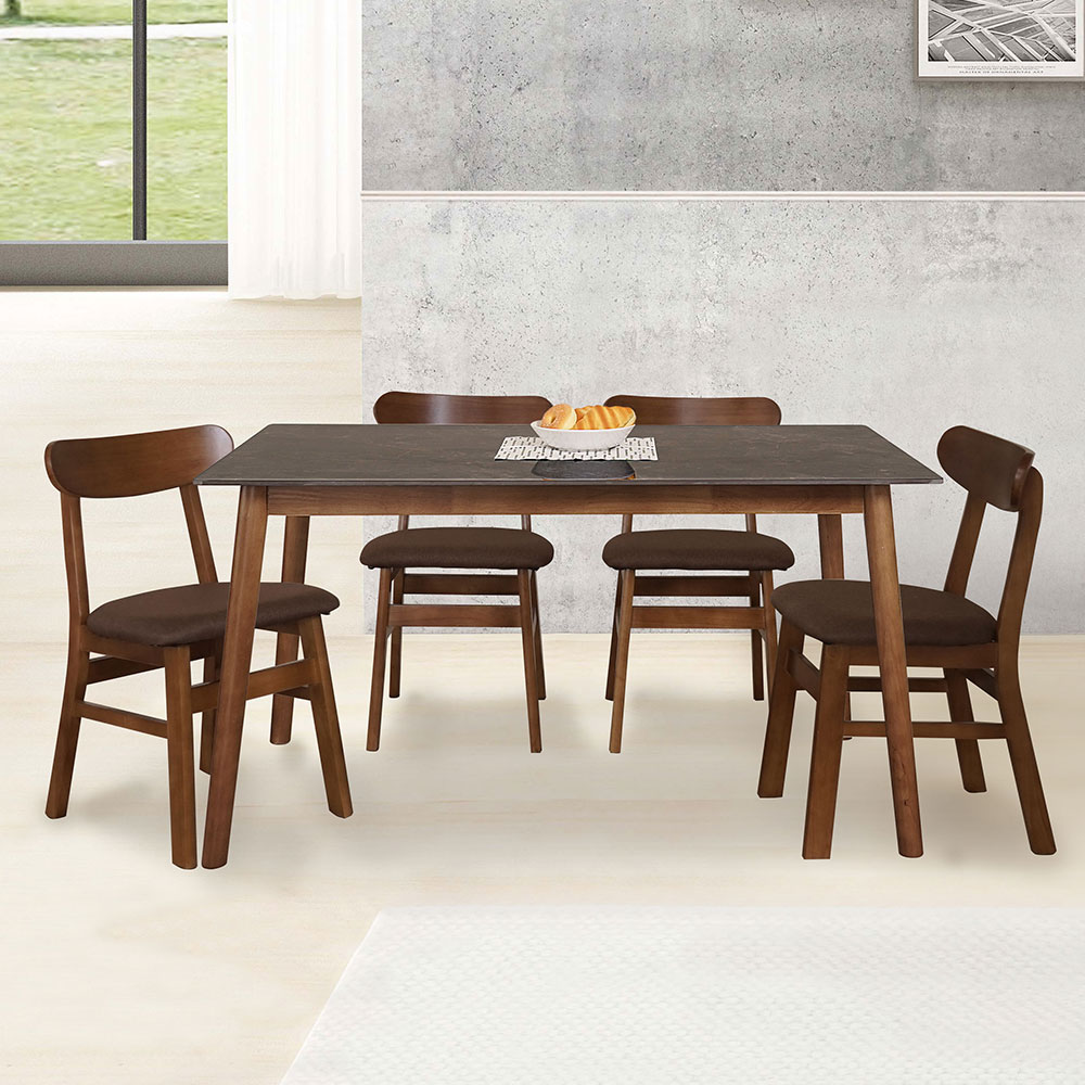 【Homelike】喜家居140cm黑岩板胡桃餐桌椅組(一桌四椅)(2517-22), , large