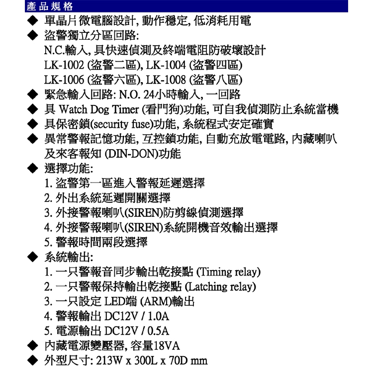 昌運監視器 Garrison LK-1002 微電腦控制主機 盜警二區 快速偵測及終端電阻防破壞設計, , large
