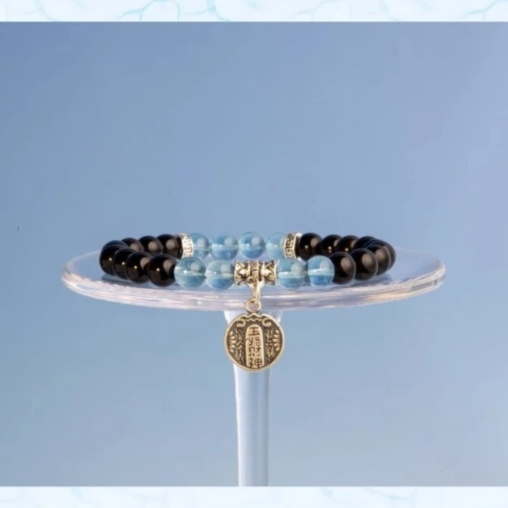 【A&R】招財轉運 天然黑曜石+海藍寶之五路財神手鍊 附精美禮盒 8MM, , large