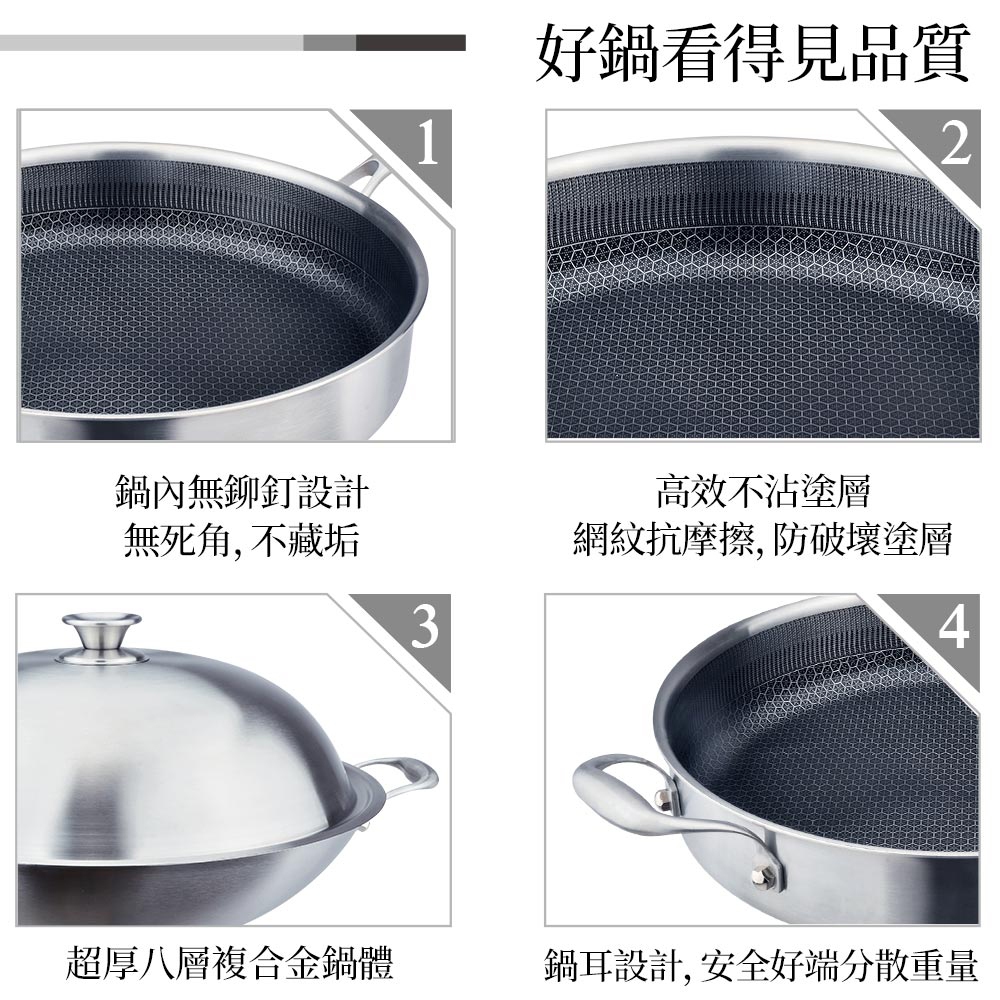 PERFECT 理想牌 鈦晶蜂巢式不沾平底鍋316不鏽鋼八層複合金附蓋 30cm-Leidea樂德兒, , large