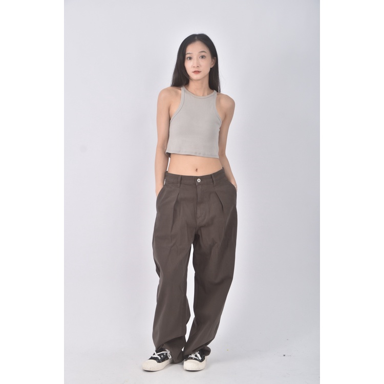 (L) uniqlo高腰丹寧牛仔質感棉質純棉棕色長褲二手衣, , large