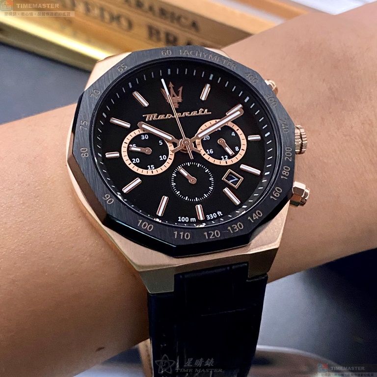 [星晴錶業]MASERATI手錶,46mm,R8871642001黑色錶面玫瑰金錶殼深黑色真皮皮革錶帶款, , large