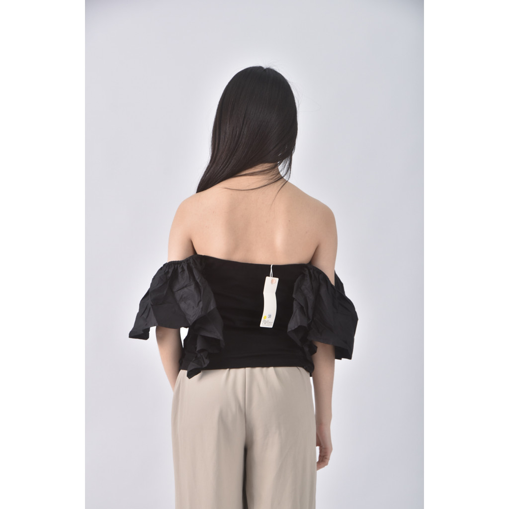 (S) stella lai質感棉質方領黑色上衣二手衣, , large