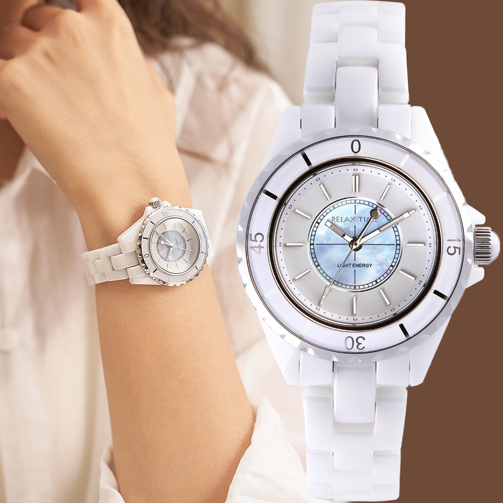 Relax Time 奢華陶瓷光動能女錶-34mm 禮物 RT-107S-1, , large