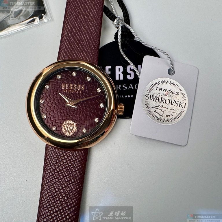 [星晴錶業]VERSUS VERSACE手錶,36mm,VV00375酒紅色錶面玫瑰金錶殼酒紅色真皮皮革錶帶款, , large