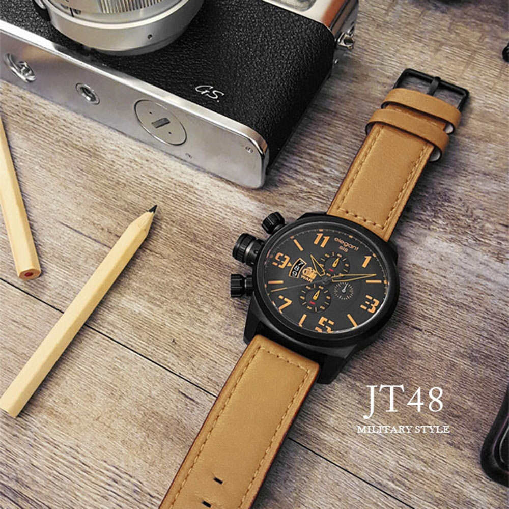 elegantsis Army 戰地記者三眼計時腕錶-黑x卡其/48mm ELJT48-OB09LC, , large