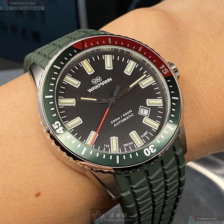 [星晴錶業]WAKMANN手錶,44mm,WA00007黑色錶面深綠色錶殼綠矽膠錶帶款, , large