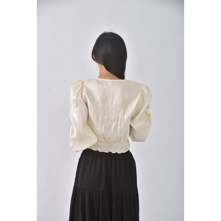 (S) 【德馨私服】yuanlansu質感修身短版V領杏色長袖上衣二手衣, , large