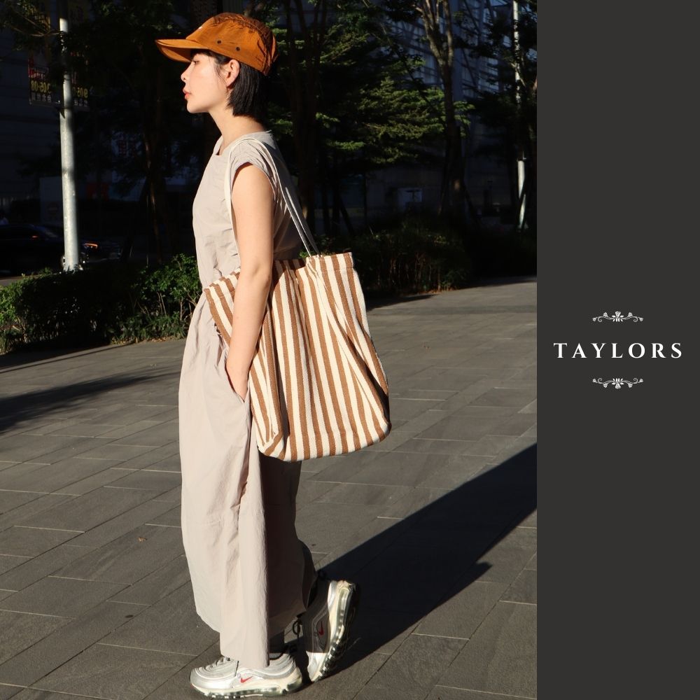 【TAYLORS】Korean style summer striped canvas tote bag, , large