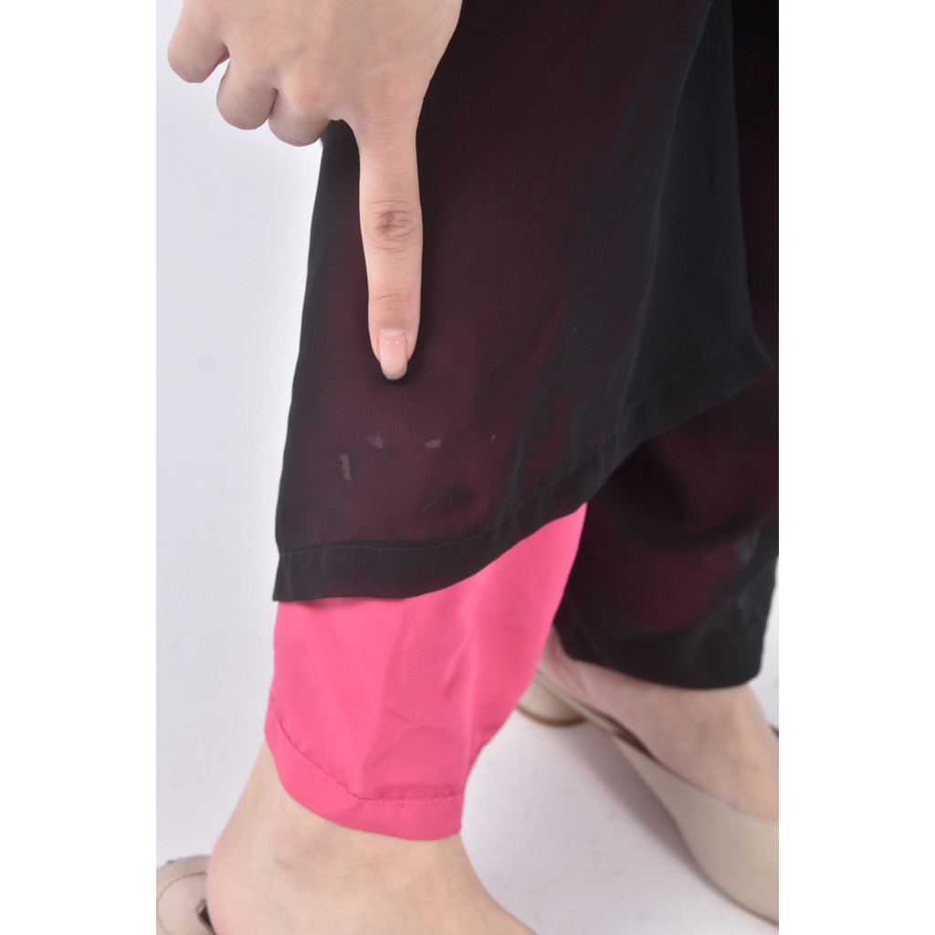 (M) 高腰質感紡紗假兩件粉色長褲二手衣, , large