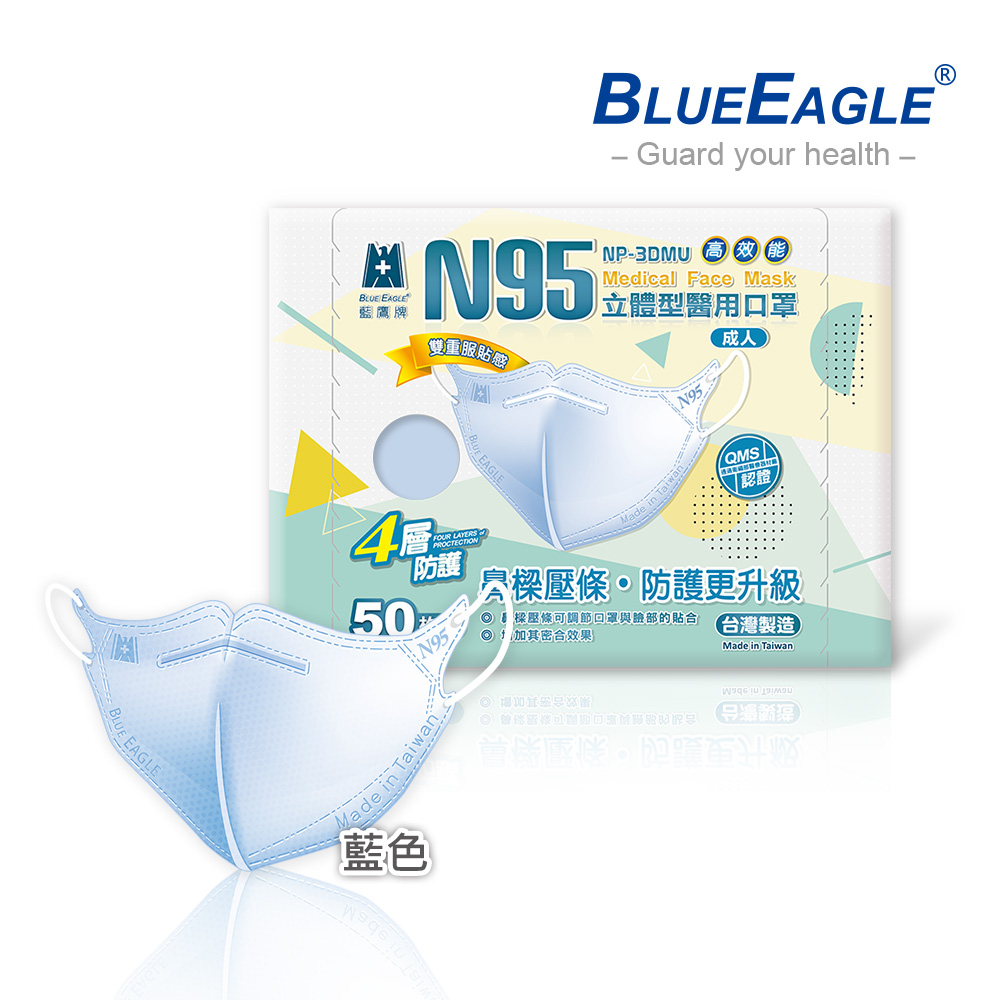 【Blue Eagle】N95 3D Adult Medical Face Mask (with Adjustable Nose-Clip) Blue 50 pack, , large