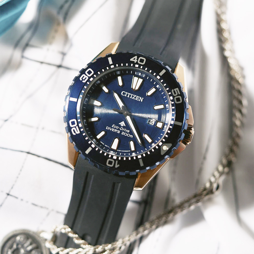 CITIZEN 星辰 PROMASTER MARINE 光動能200米潛水錶-黑x藍 BN0196-01L, , large