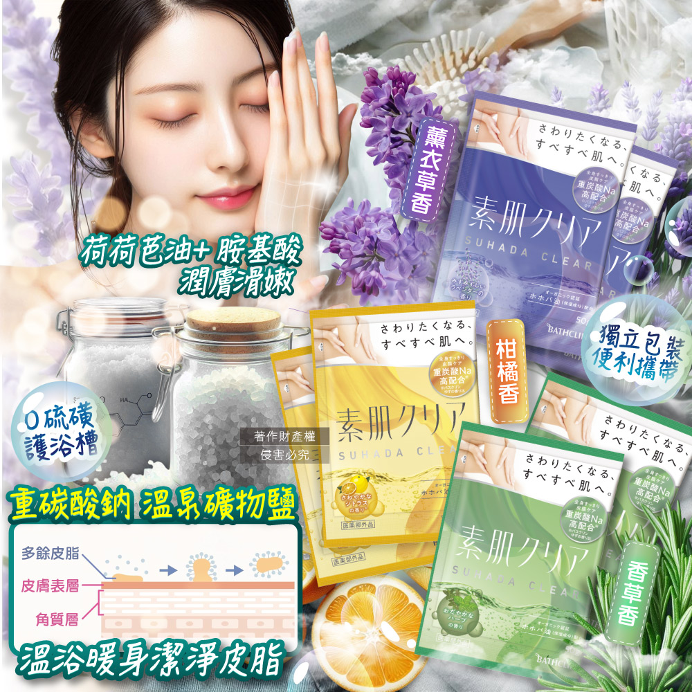 [日日好物]日本BATHCLIN巴斯克林-素肌潔膚潤澤暖身碳酸泡澡粉入浴劑50gx6包/盒(含3種香氣湯色,放鬆身心泡溫泉湯包,胺基酸護膚沐浴鹽,便攜獨立包裝), , large
