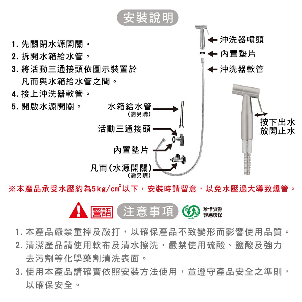 【雙手萬能】頂級不鏽鋼衛生沖洗器組/噴槍頭(台灣製  清洗器 婦洗器 屁屁沖洗器 大掃除), , large