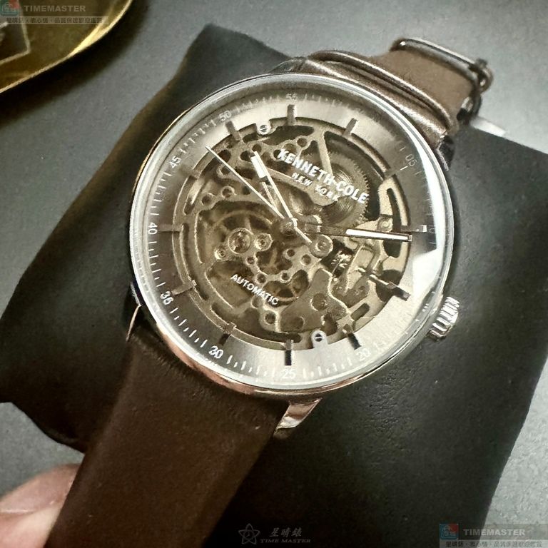 [星晴錶業]Kenneth Cole手錶,42mm,KC00009古銅雙面機械鏤空錶面銀錶殼咖啡色真皮皮革錶帶款, , large