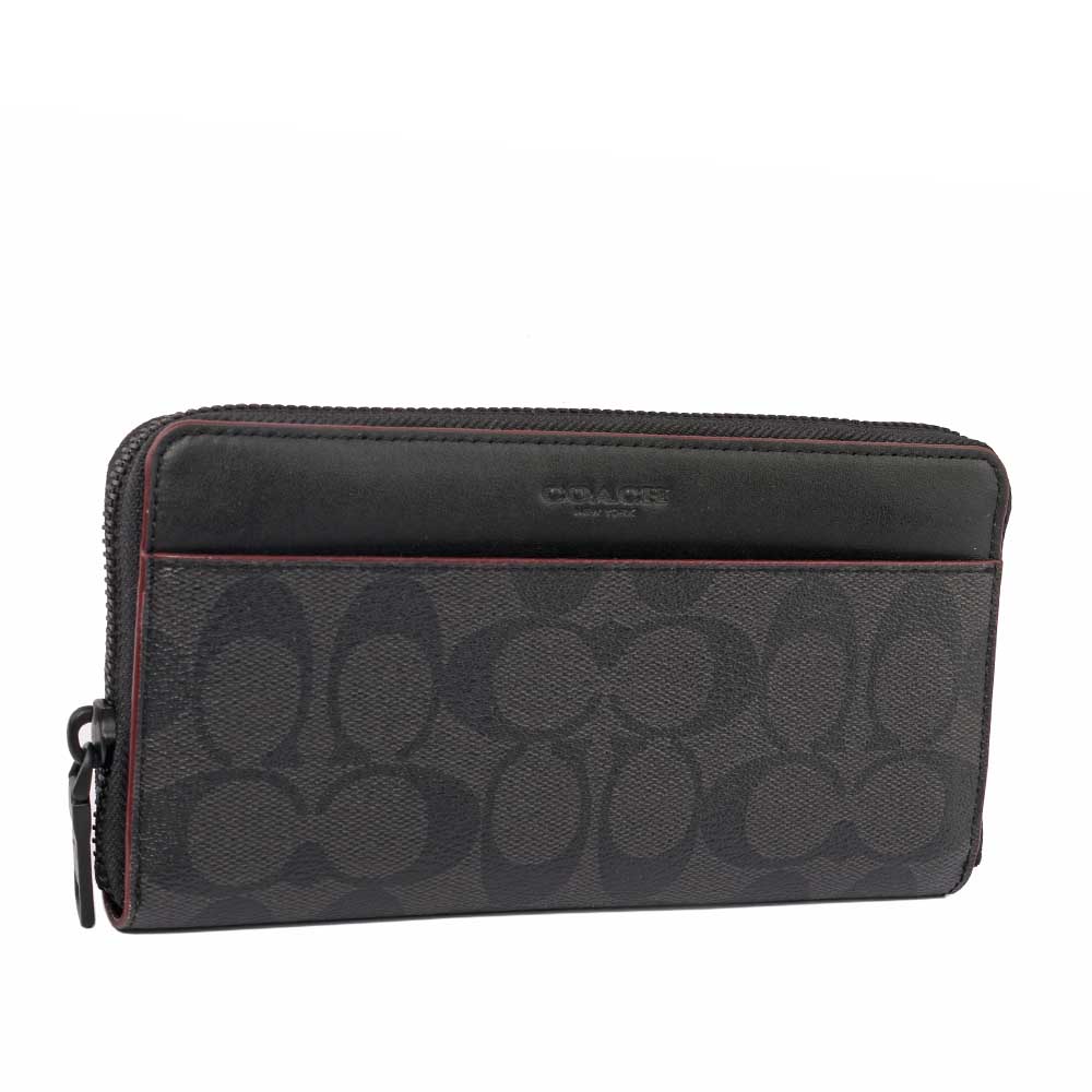 COACH PVC LOGO皮革ㄇ拉長夾/黑灰/紅邊, , large