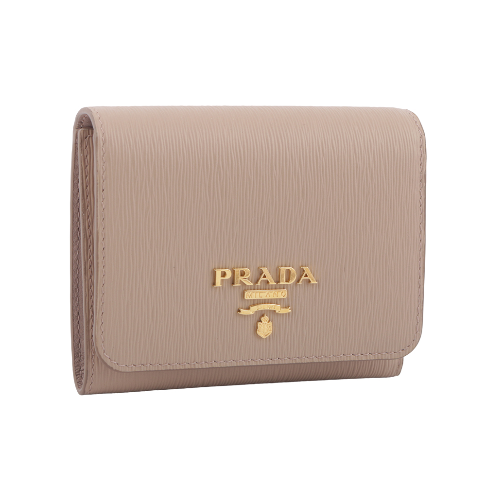 PRADA 三角牌LOGO水波紋皮革暗釦三折短夾/藕粉色, , large