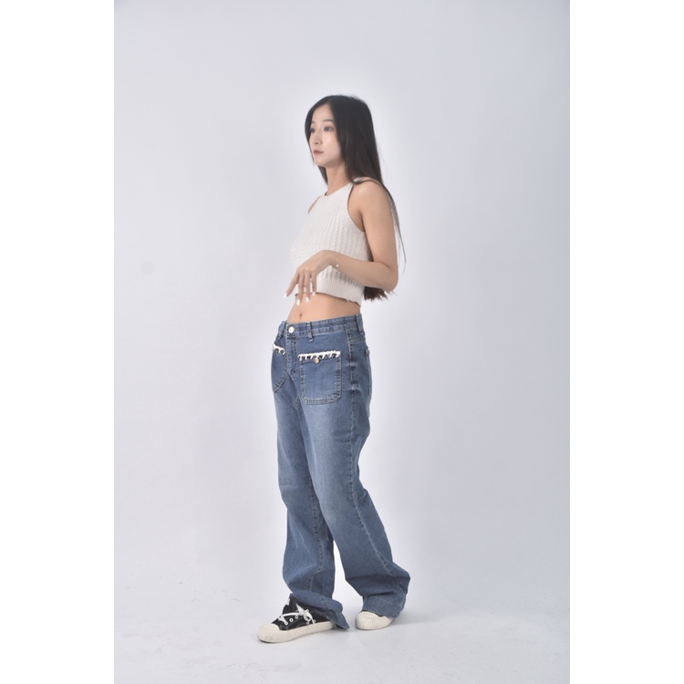 (L) hoe luk高腰丹寧牛仔質感藍色長褲二手衣, , large