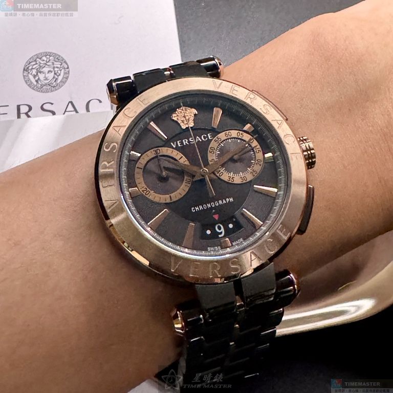 [星晴錶業]VERSACE手錶,46mm,VS11731黑色錶面古銅色錶殼黑金色精鋼錶帶款, , large