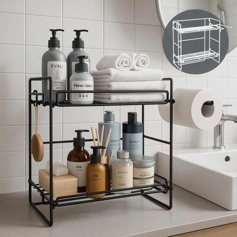 【A&R】雙層浴室雙用收納置物架 黑色, , large