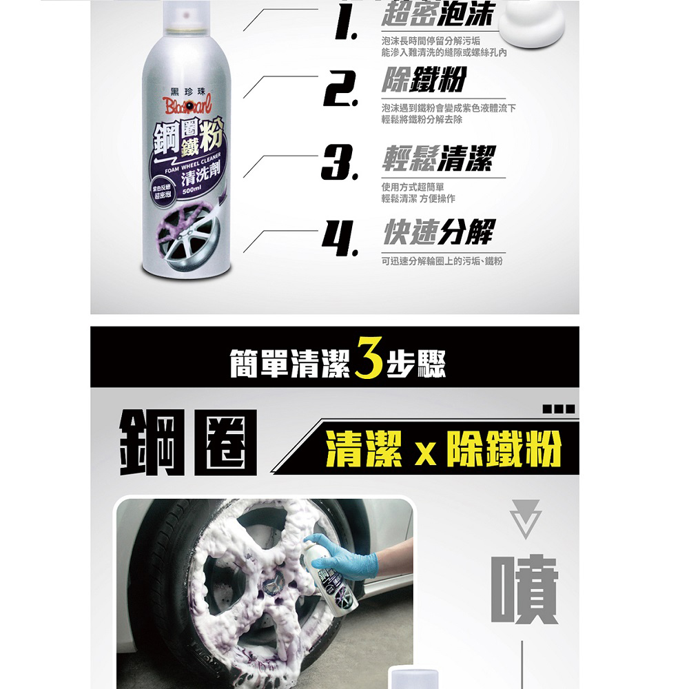 【黑珍珠】黑珍珠鋼圈鐵粉清洗劑500ML 含輪圈刷組合(鋼圈清潔 黑珍珠), , large