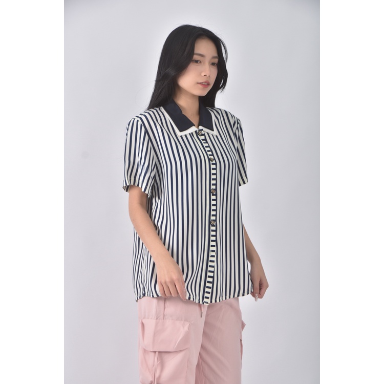 (L) wing ming質感跳色藍色短袖上衣二手衣, , large