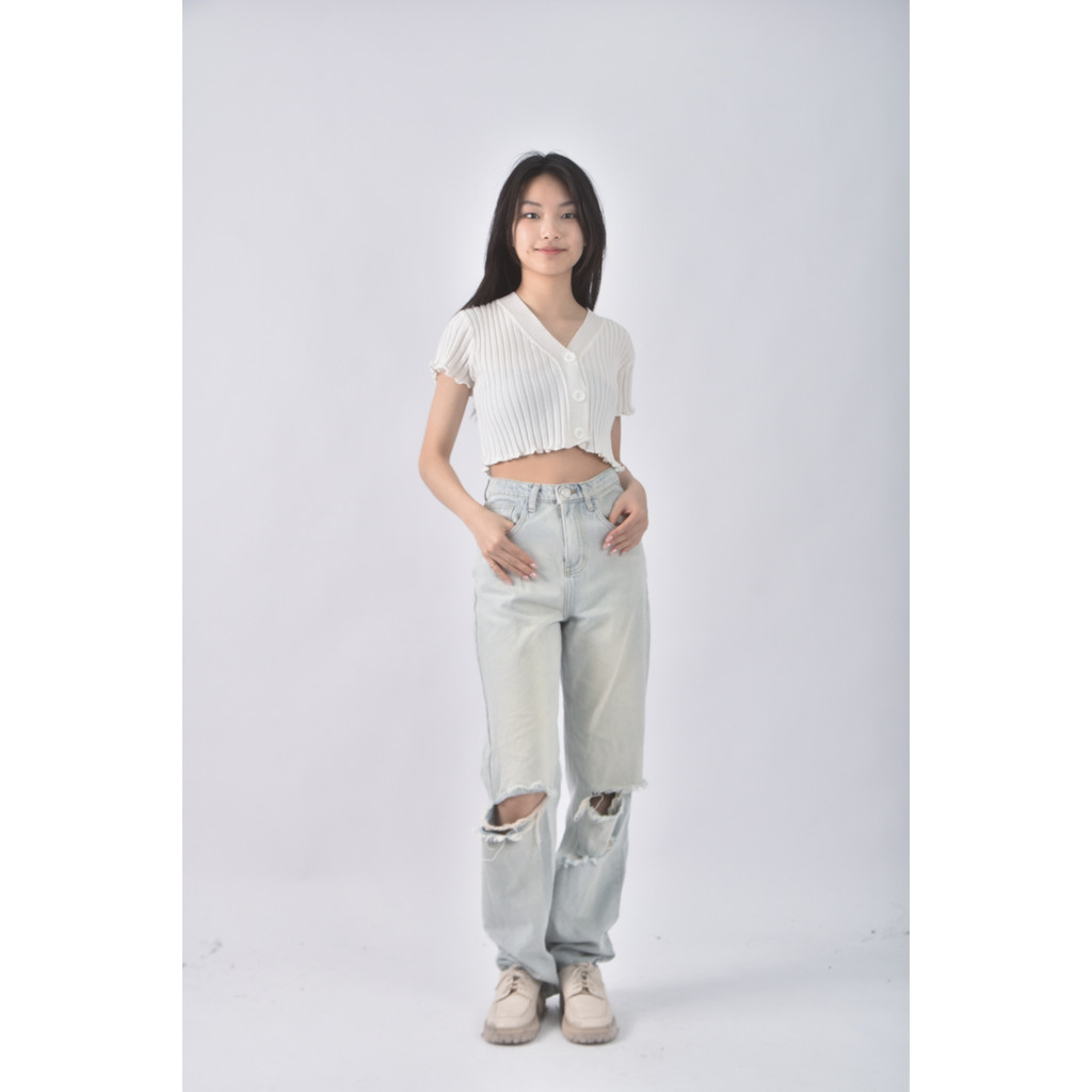 (Ｓ) 【里唯私服】jqu高腰丹寧牛仔刷破藍色長褲二手衣, , large