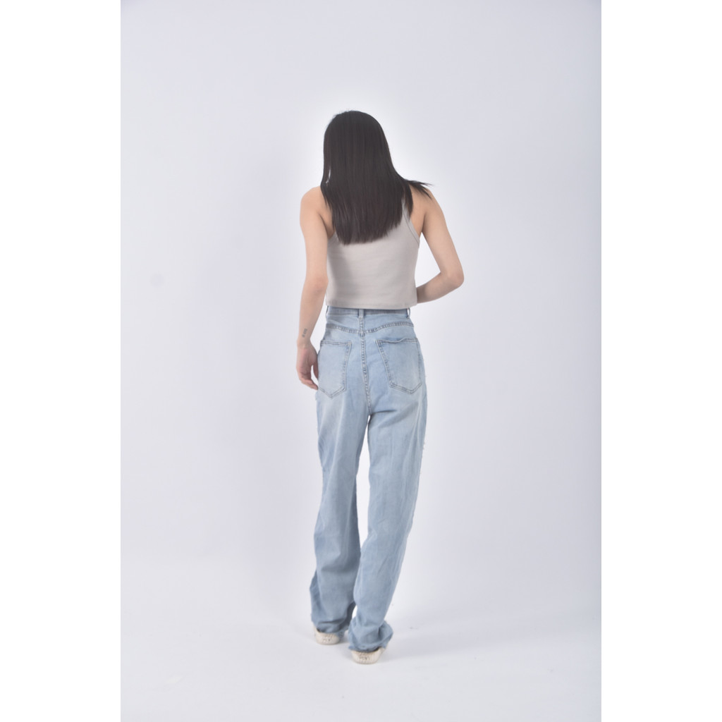 (S) jeans高腰丹寧牛仔質感棉質珍珠藍色長褲二手衣, , large