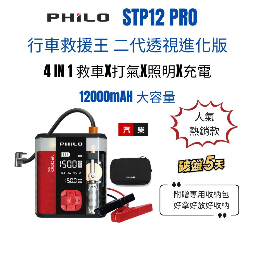 飛樂 2025年式 行車救援王STP12二代 透視版 4in1 多功能12000mAh 汽柴油救車電源+打氣機 贈收納包