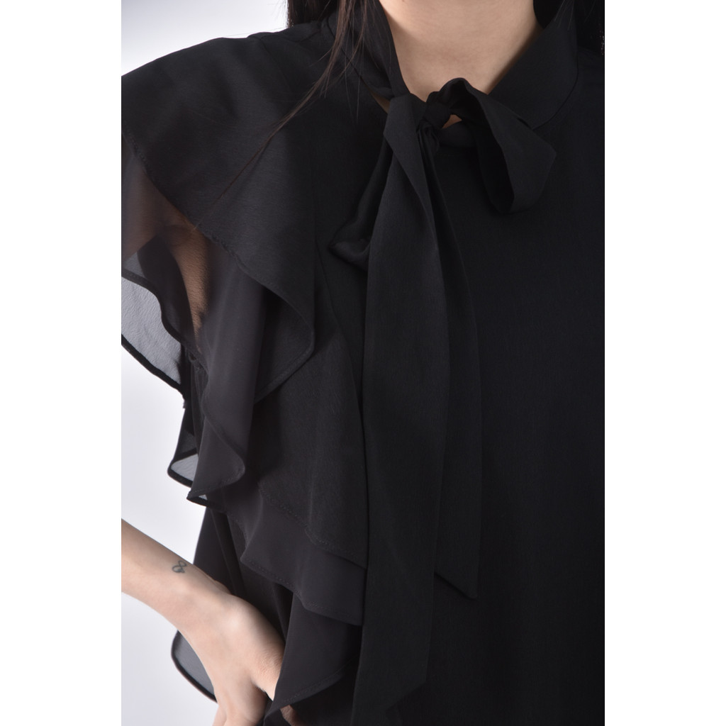 (M) le polka質感綁帶黑色短袖上衣二手衣, , large