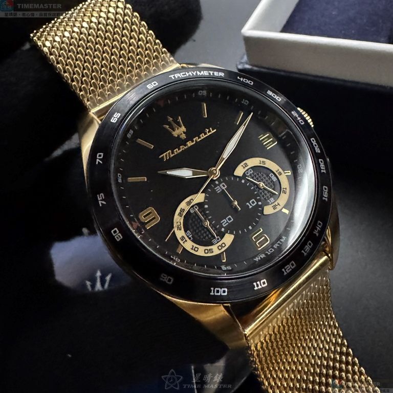 [星晴錶業]MASERATI手錶,46mm,R8873612010黑色錶面金色錶殼金色米蘭錶帶款, , large