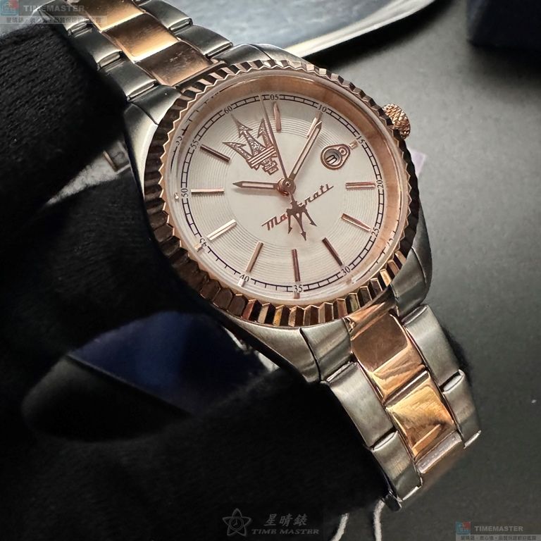 [星晴錶業]MASERATI手錶,30mm,R8853100504白色錶面玫瑰金錶殼金銀相間精鋼錶帶款, , large
