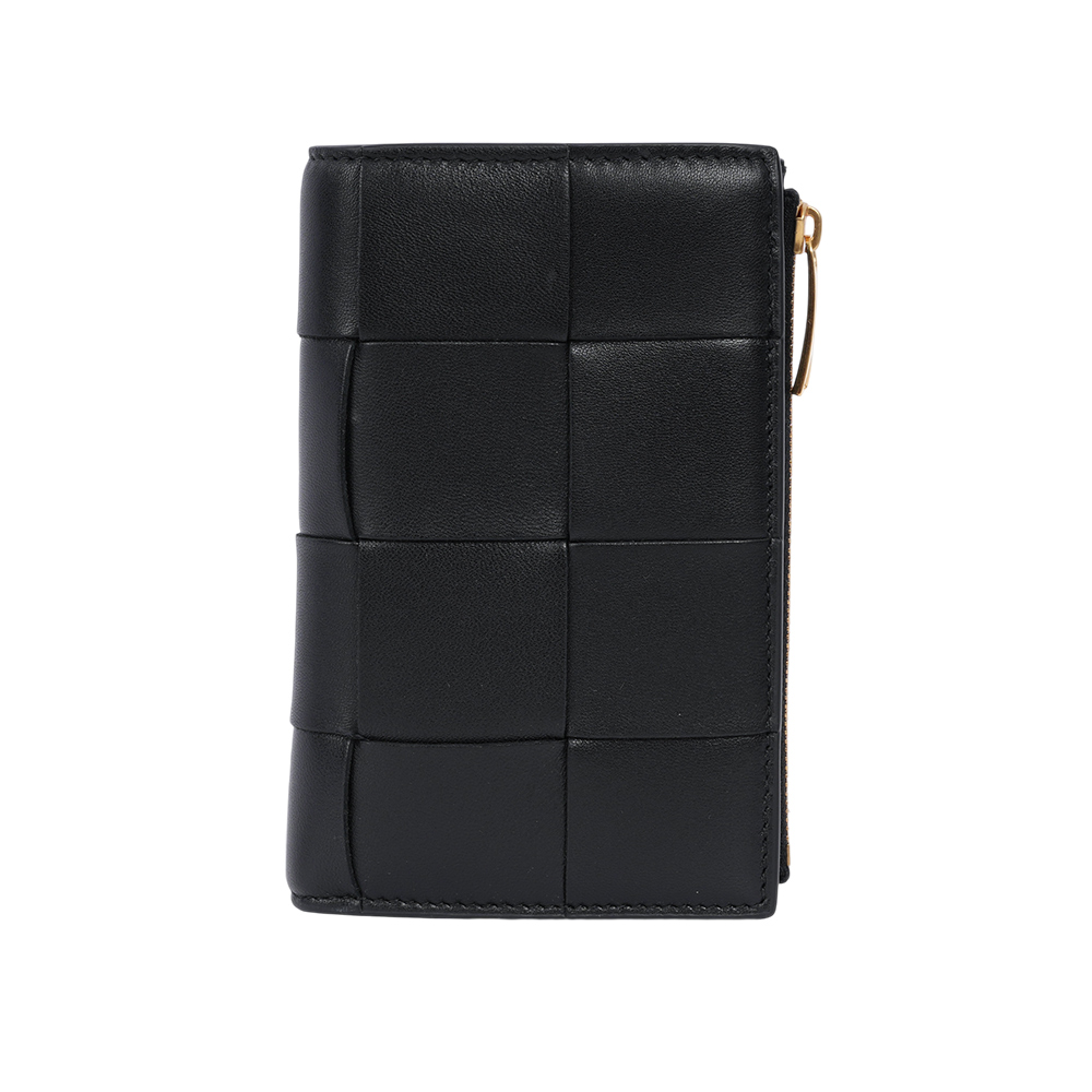 BOTTEGA VENETA Cassette 羊皮及牛皮釦式對開中夾/黑色, , large