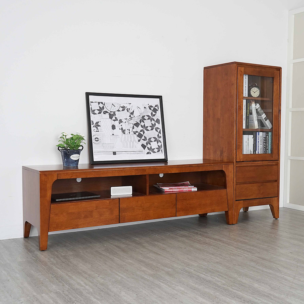【Homelike】喜家居柚木色實木客廳二件組(電視櫃+高櫃)(1825), , large