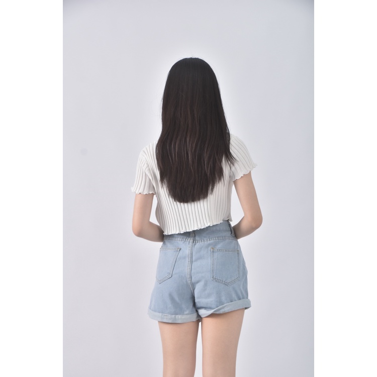 (XL) 高腰丹寧牛仔反摺藍色短褲二手衣, , large