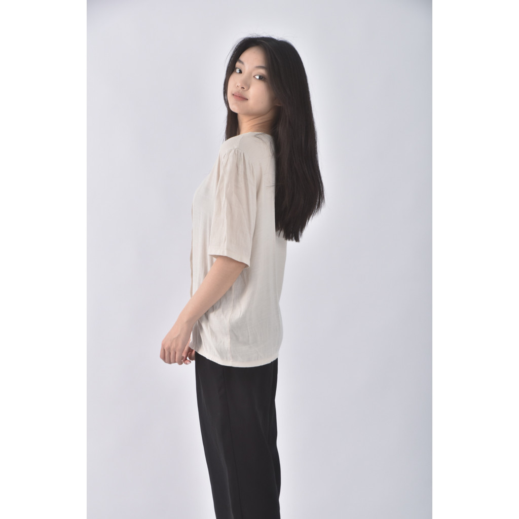 (M) vintag salon質感V領杏色短袖上衣二手衣, , large