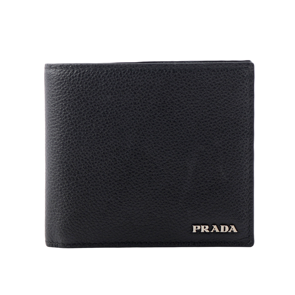 PRADA 銀字Logo 粒紋皮革對開零錢袋短夾/黑色, , large