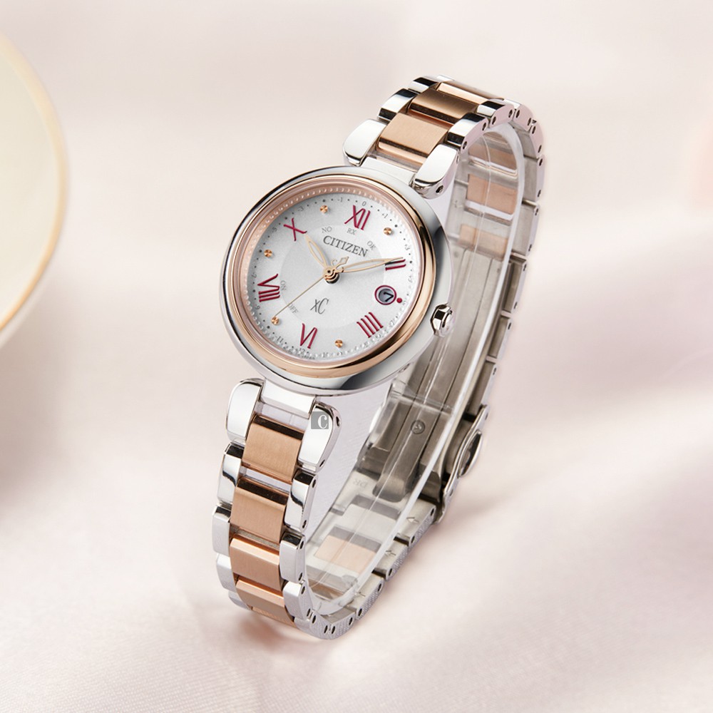 CITIZEN 星辰 XC 鈦金屬光動能電波萬年曆女錶 ES9469-59A, , large