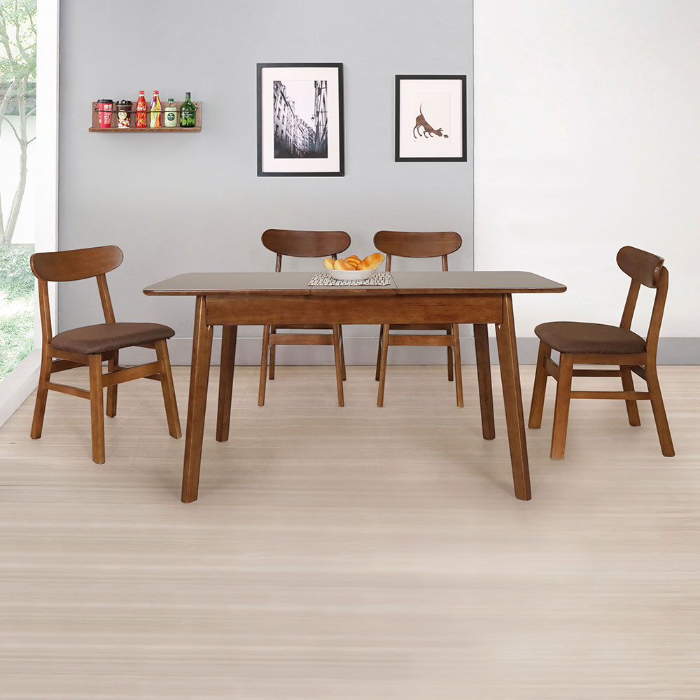 【Homelike】喜家居胡桃實木可延伸餐桌椅組(一桌四椅)(2529-22), , large