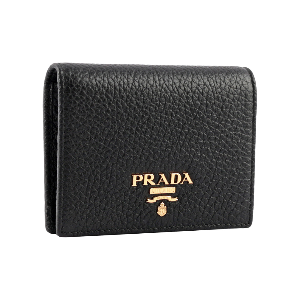 PRADA 浮雕Logo荔枝皮革二折短夾/黑色, , large