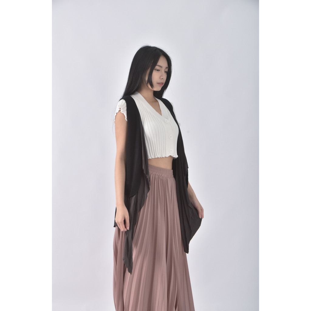 (M) 羊毛假兩件拼接背心黑色罩衫二手衣, , large