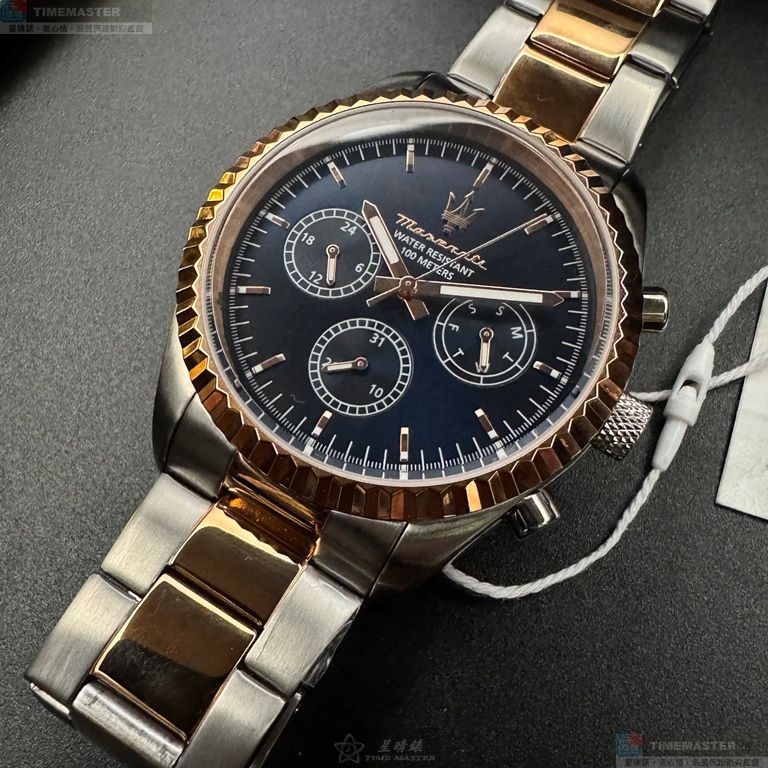 [星晴錶業]MASERATI手錶,42mm,R8853100040寶藍色錶面玫瑰金錶殼金銀相間精鋼錶帶款, , large