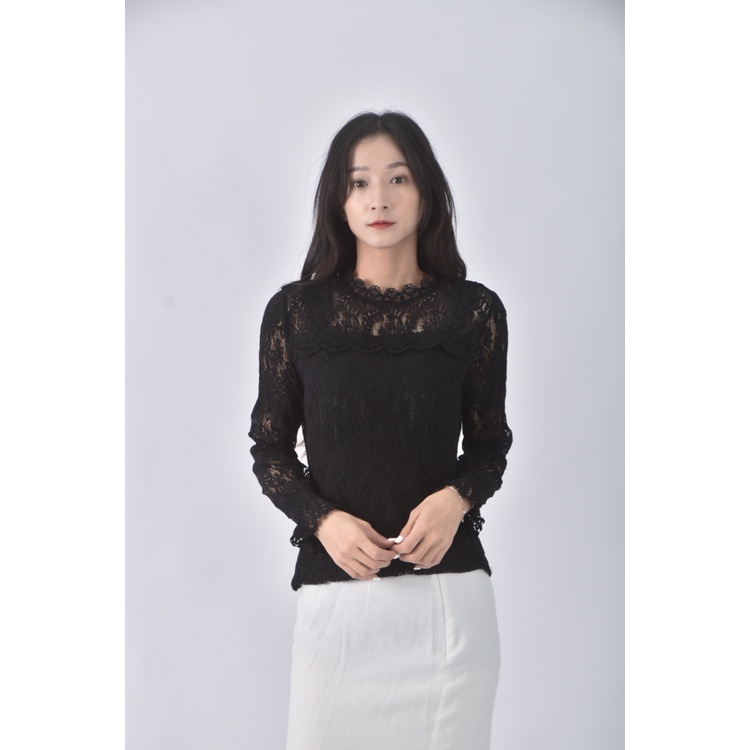 (S) 質感蕾絲圓領黑色長袖上衣二手衣, , large