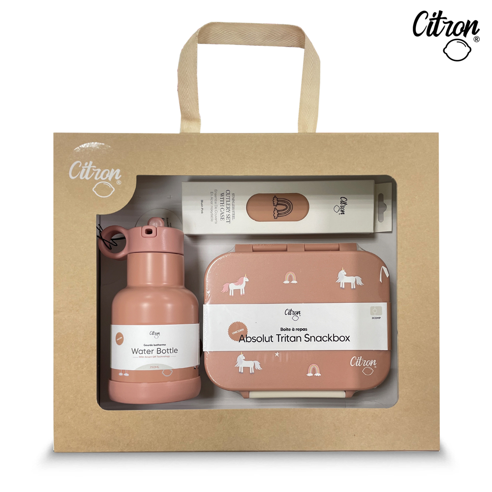 【Citron】經典餐具禮盒 (彩虹獨角獸-點心盒+三層保溫瓶_250ml+兒童餐具四件組_浪漫粉), , large