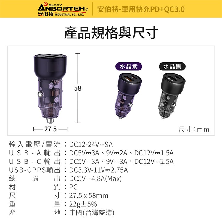 【安伯特】車用快充PD+QC3.0 (國家認證 一年保固) 車充 PD快充 車用充電器 R3D197, , large