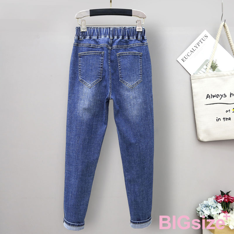 大尺碼-鬆緊褲頭 窄腳 牛仔褲-黑/深藍-0103088, , large