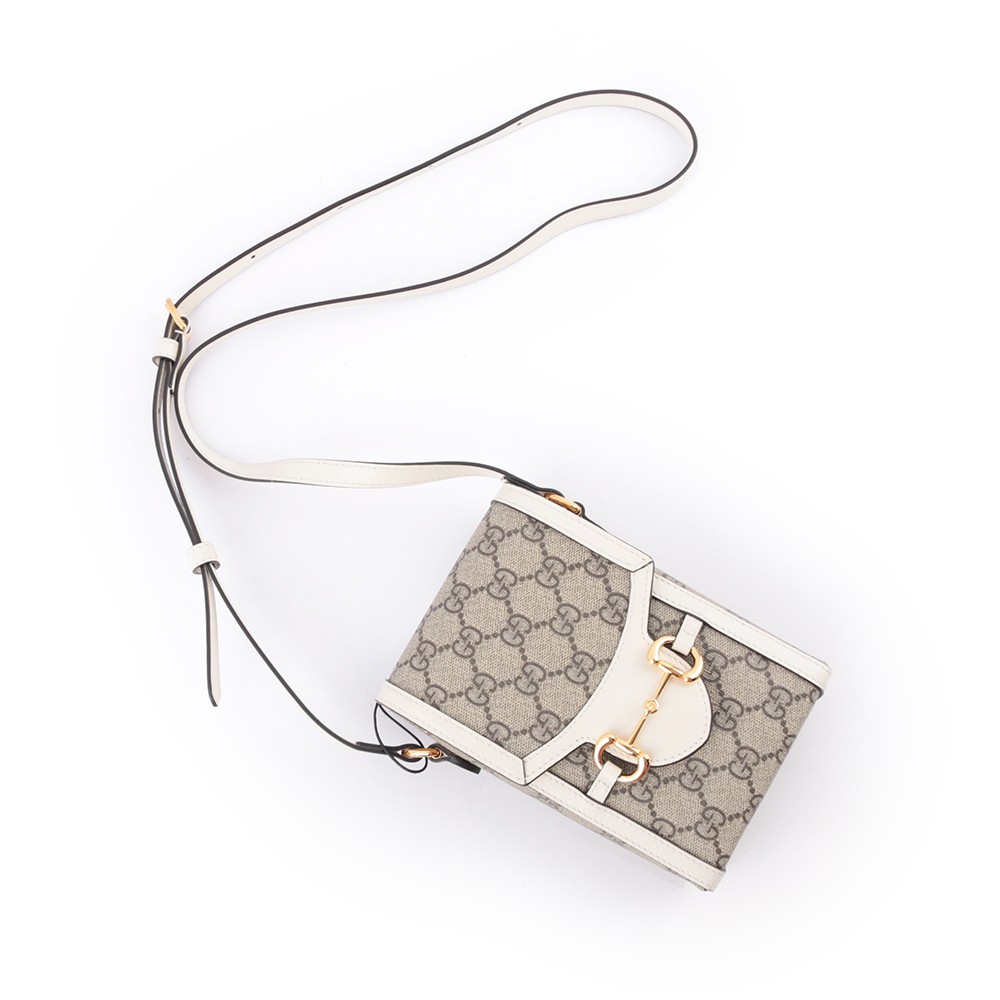 GUCCI Horsebit 1955 GG Supreme帆布手機斜背包/白色, , large